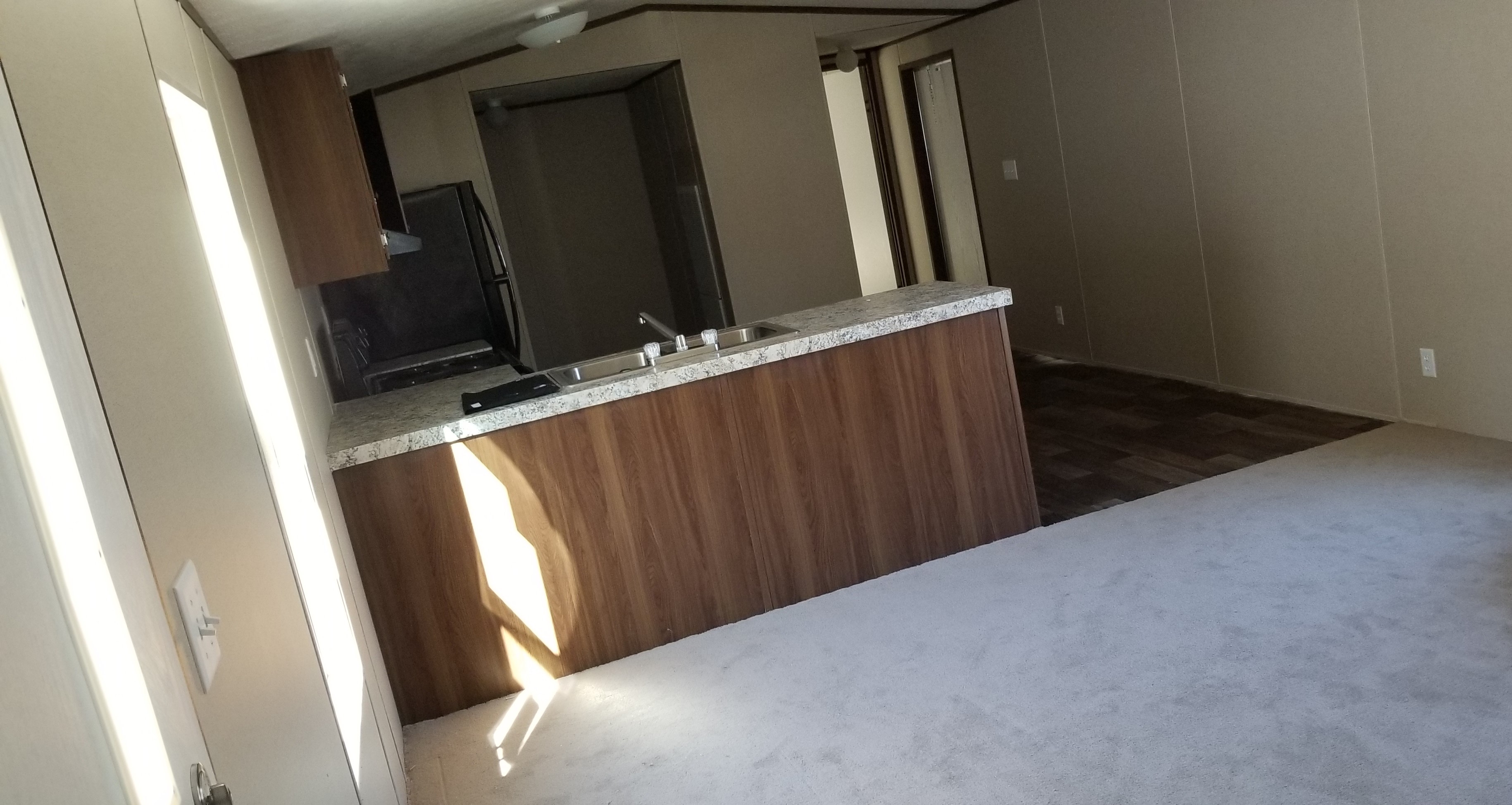 Kitchen with a breakfast bar and a carpeted living area